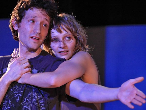 A SECRET REVEALED: (L-R) Jared McGuire and Irene Longshore appear in Billy Aronson’s “In the Middle of the Night,” about a college freshman who breaks into a campus building for a night with a wild girl. (Gerry Goodstein)